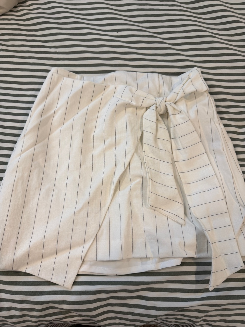 White Pinstripe Wrap Skirt with Tie Detail
